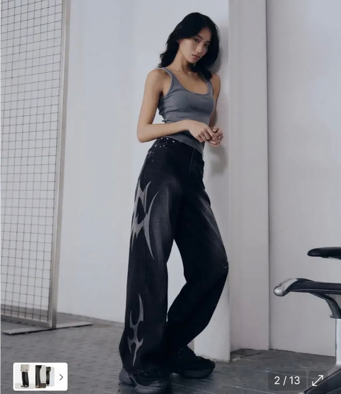 레더리 그래픽 프린트 와이드 데님 팬츠 블랙 상품이미지1