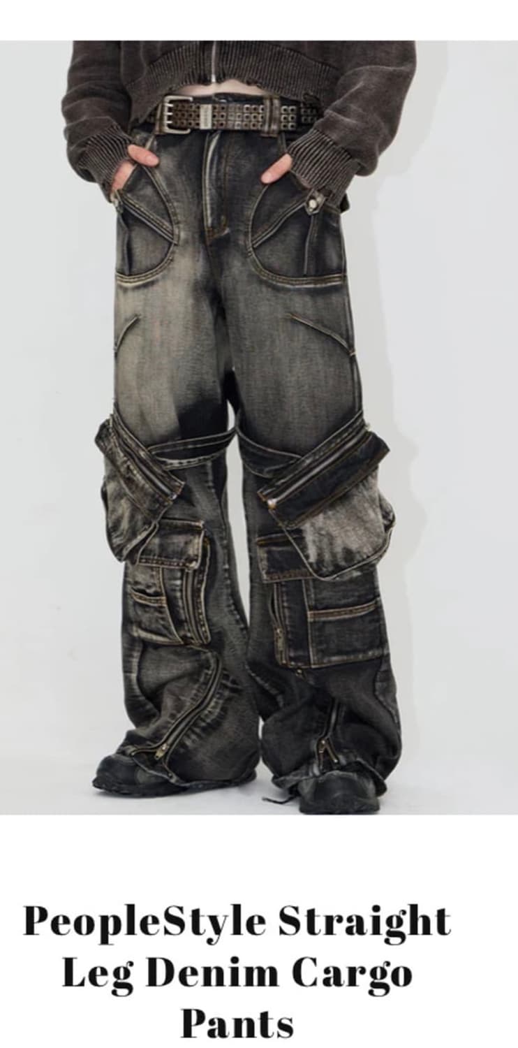 (L) Peoplestyle 빈티지 흑청 카고 워싱 데님팬츠 상품이미지1