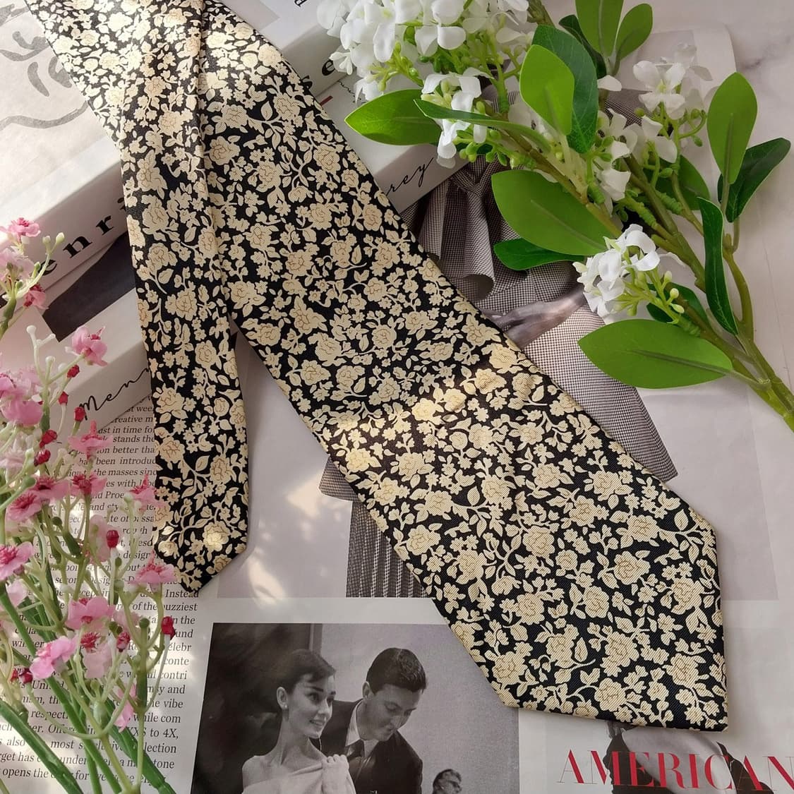 아쿠아스큐텀 실크 블랙 플로럴 넥타이 9.5cm A+등급 k1739 상품이미지3