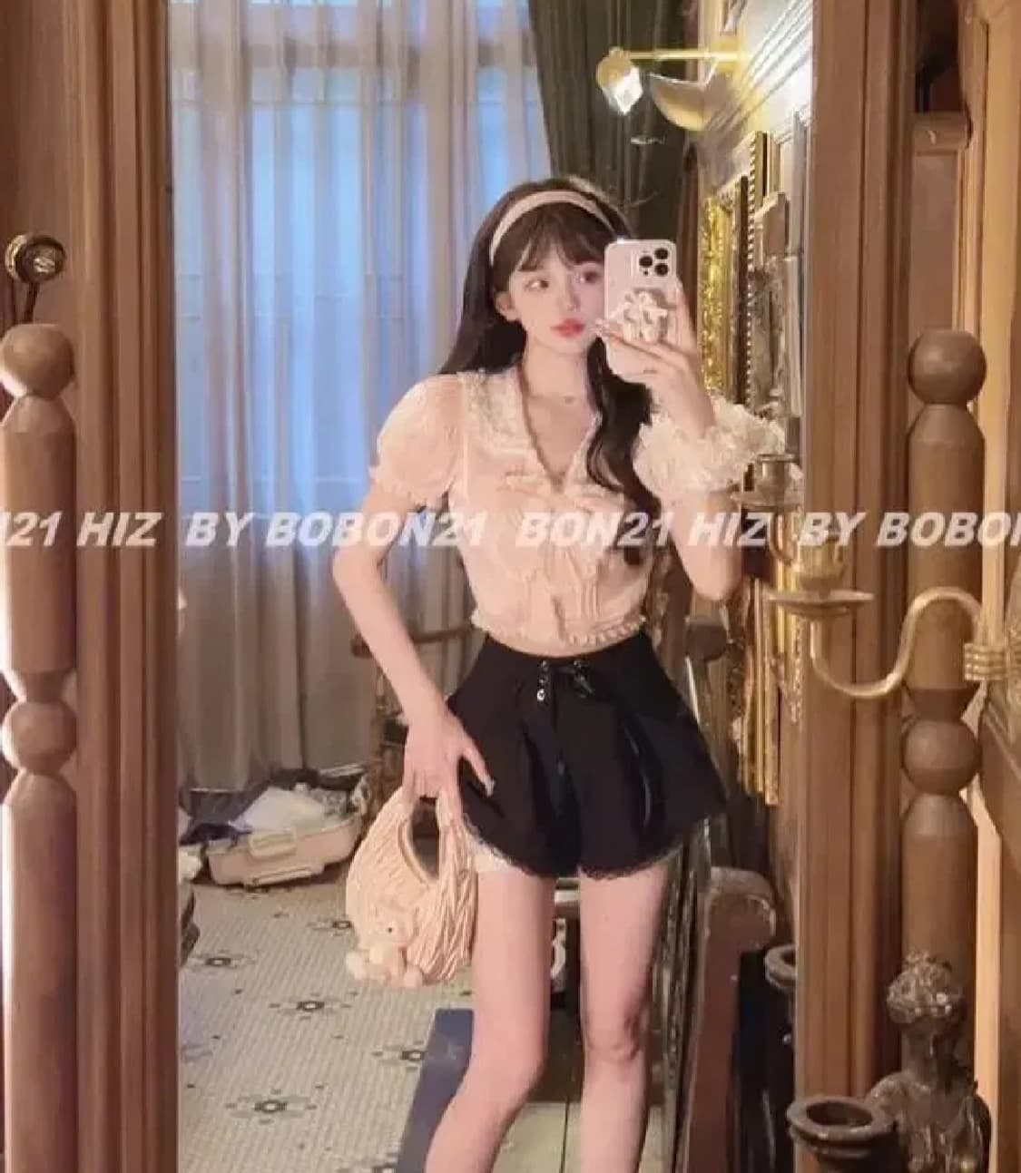 반팔리본레이스프릴크롭블라우스셔츠달천발레코어히메갸루로걀탑리본브로치핀터깔 상품이미지3