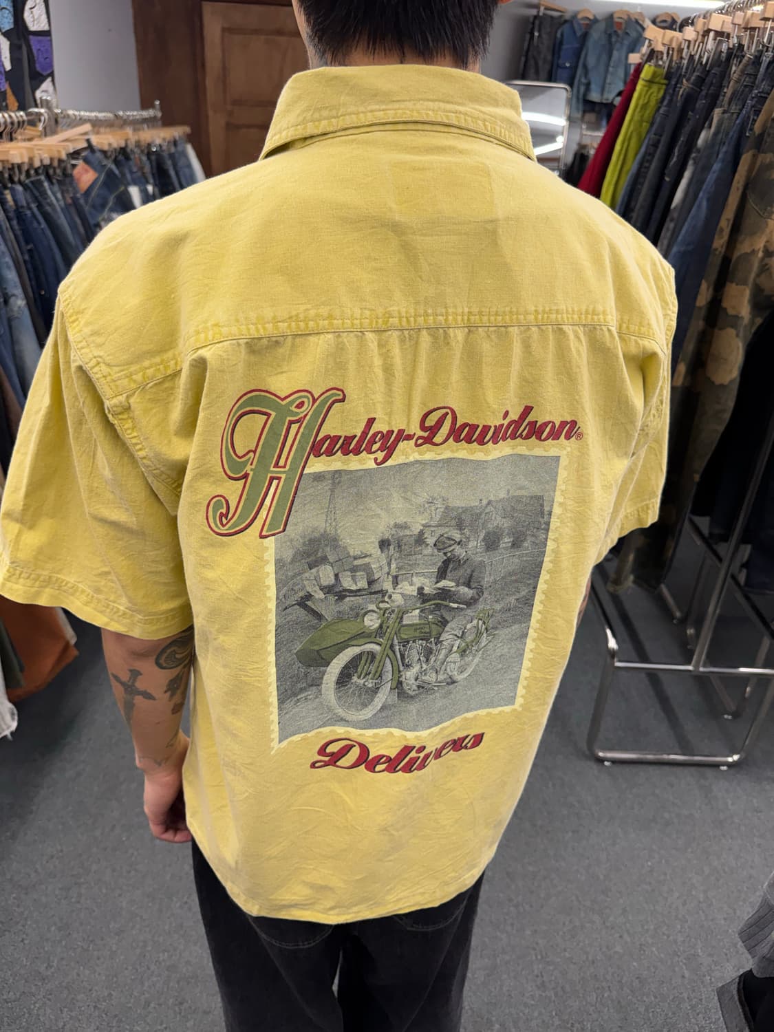 M)할리데이비슨 빈티지 프린팅 옐로우 반팔셔츠 상품이미지2