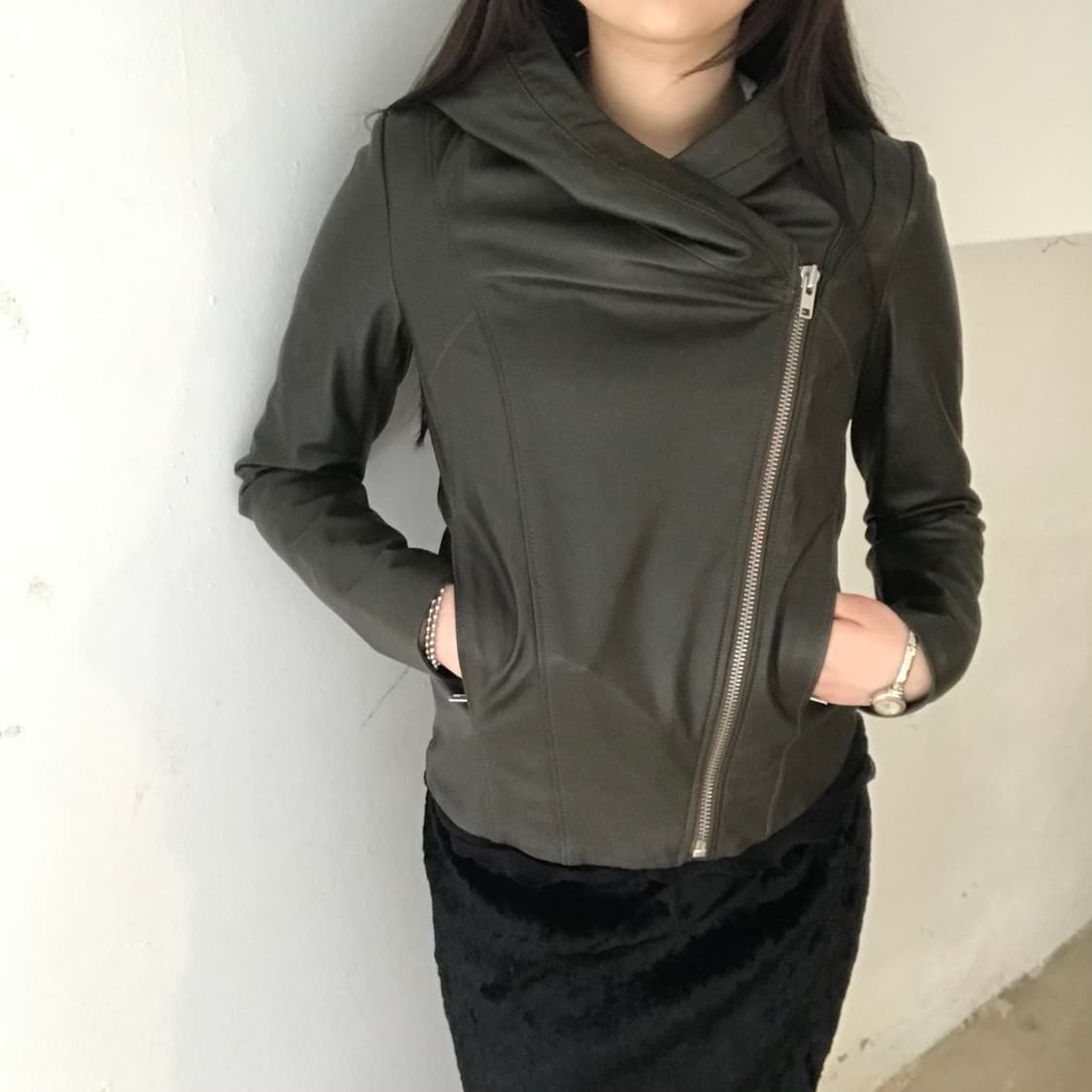 S / 헬무트렝 사선집업 가죽후드 자켓 상품이미지1