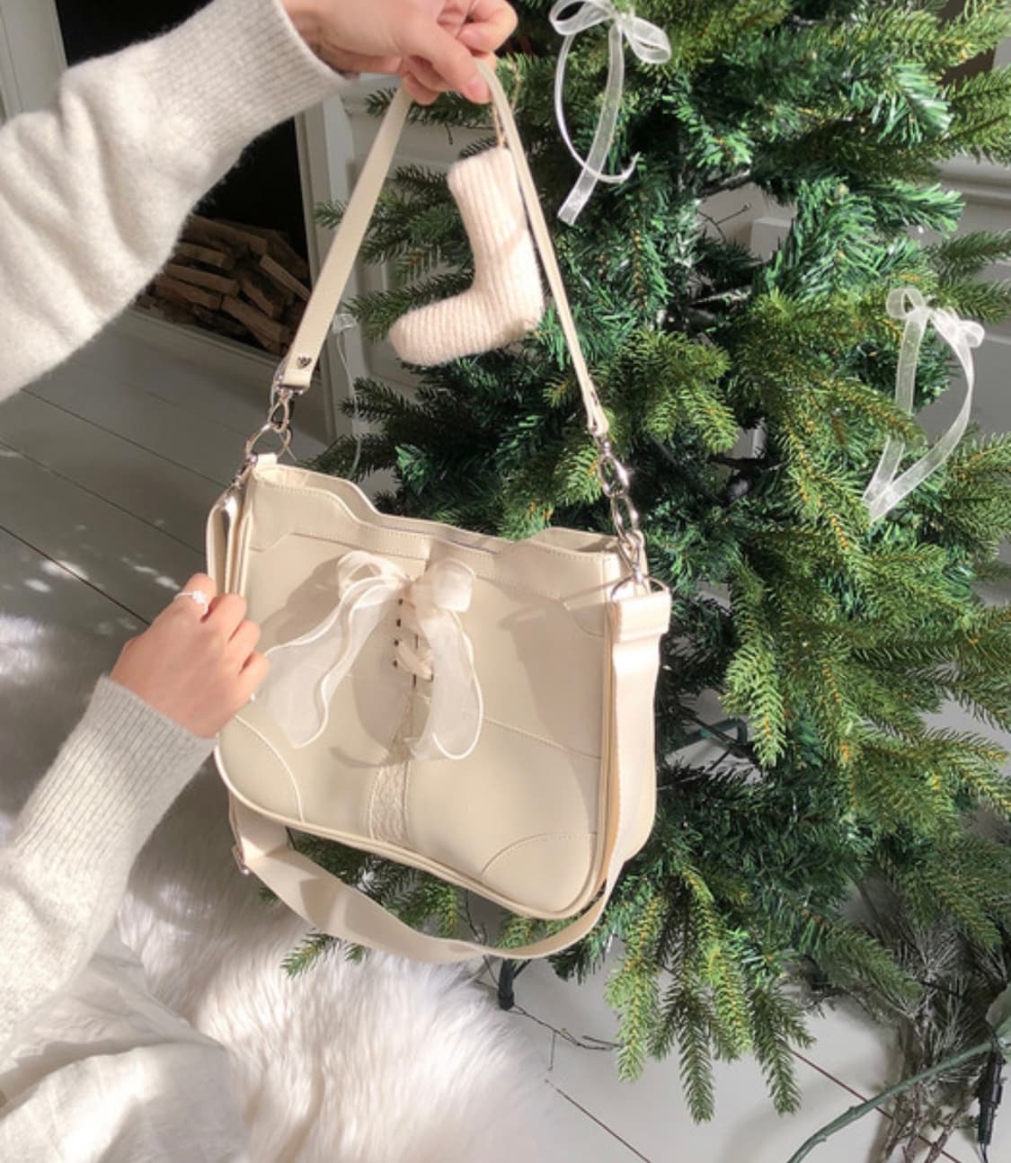 오부니 발레코어 레이스 리본 백 화이트 아이보리 상품이미지1