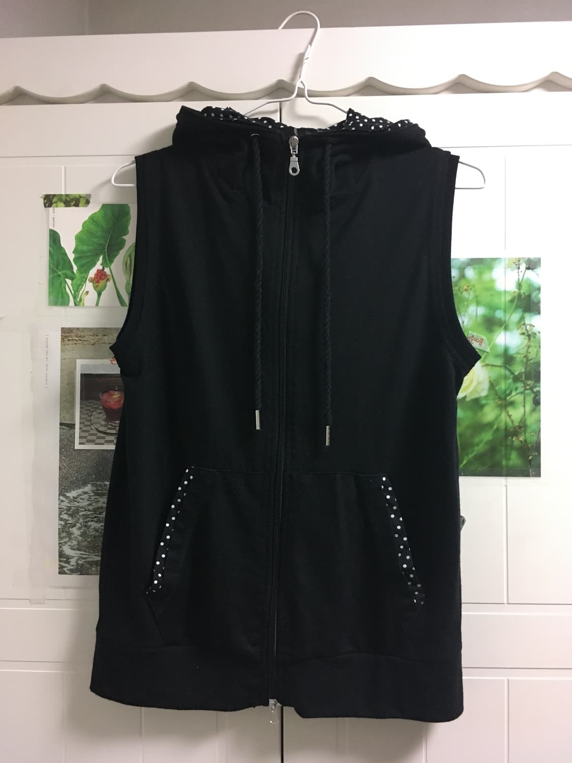 일본빈티지 도트 블랙 후드 조끼 베스트 상품이미지1