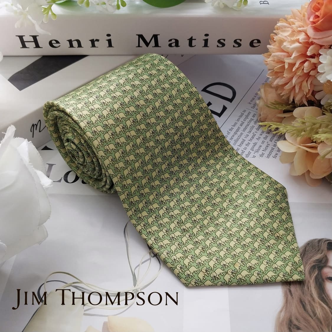 짐톰슨 넥타이 연두 코끼리 패턴 A+~A등급 K2490 상품이미지2