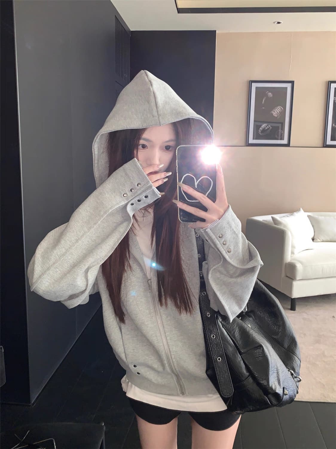 스터드 후드집업 그레이, 블랙 상품이미지1