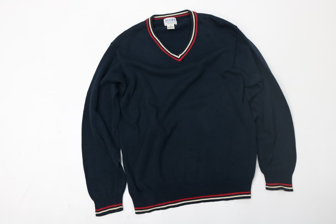 BEAMS 빔즈 빈티지 트리콜로 라인 브이넥 코튼 니트 (M) 상품이미지2