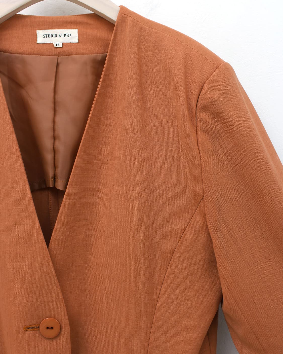 일본 빈티지 써머 울 오렌지 노카라 자켓 미디 스커트 세트 셋업 상품이미지4