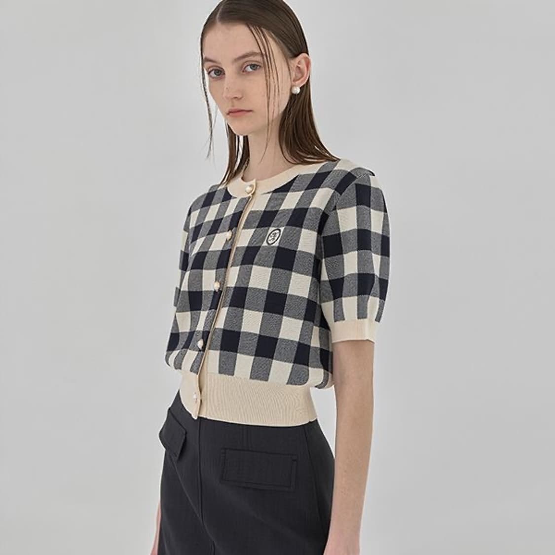 나인 아뜰리에나인 도로시 썸머 깅엄 체크 반팔 크롭 가디건 니트 F 상품이미지1