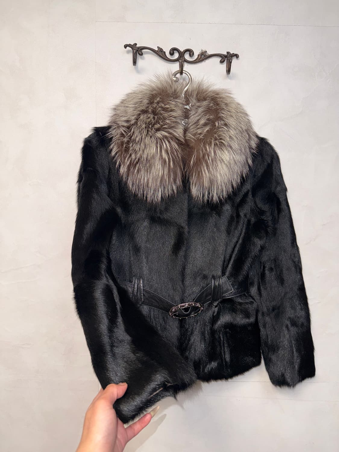 Black goat&fox fur lamb skin belt jacket 상품이미지2