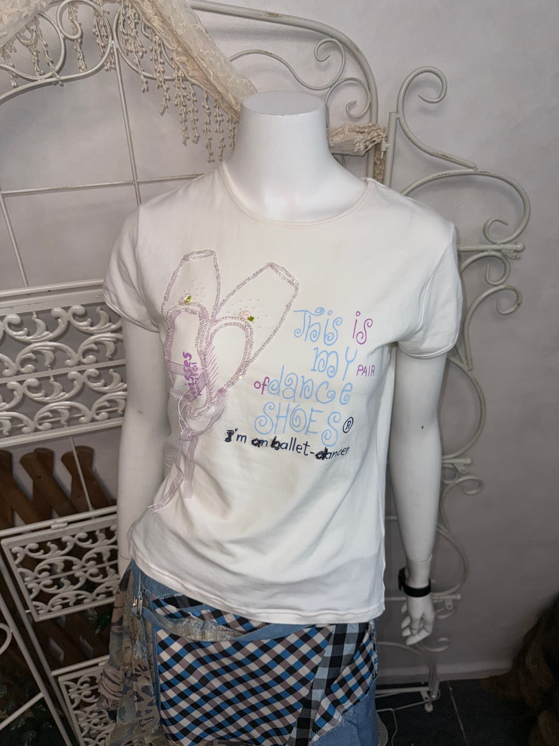 White ballet shoes beads ribbon half t  상품이미지4