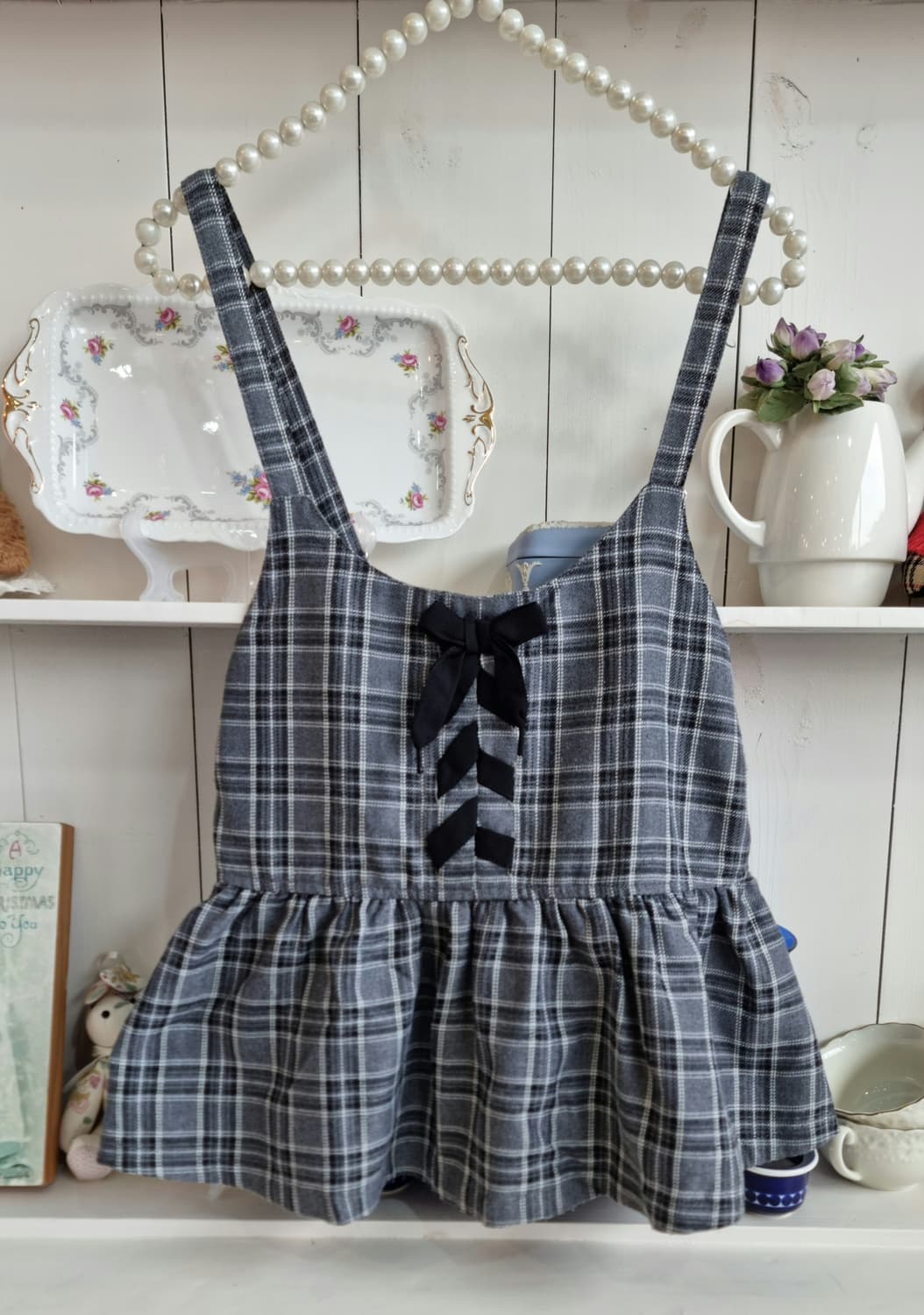 체크 프릴 리본 조끼탑 상품이미지1