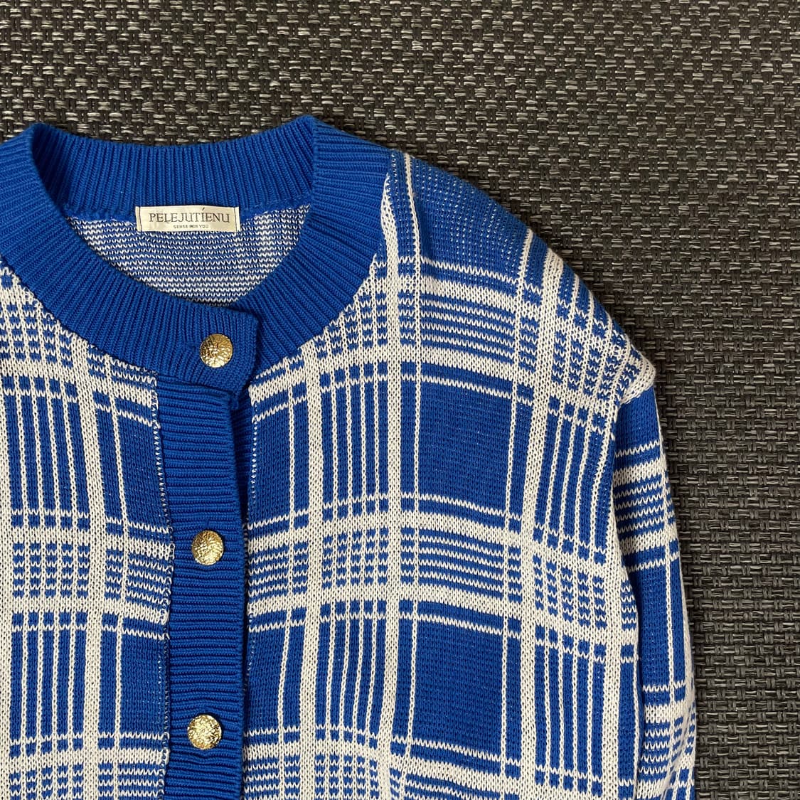 PELEJUTIENU 블루 화이트 체크 금장 가디건 상품이미지3