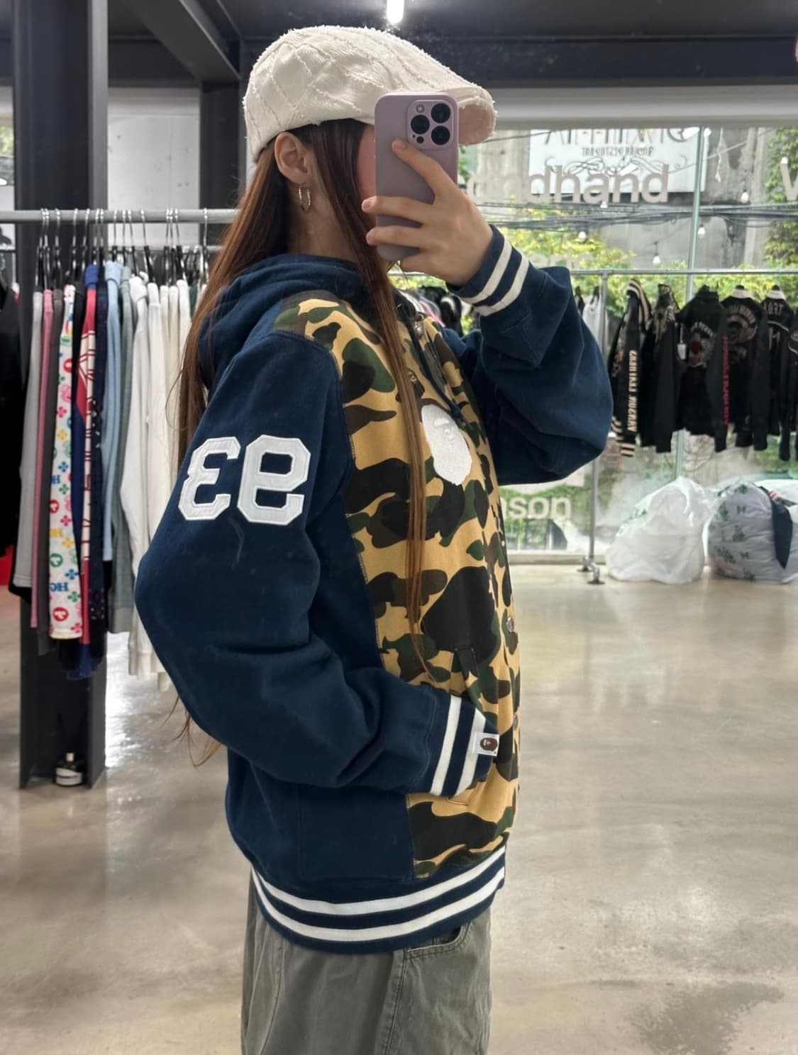 베이프 화이트사루 황계카모블루 넘버 바시티자켓 상품이미지2