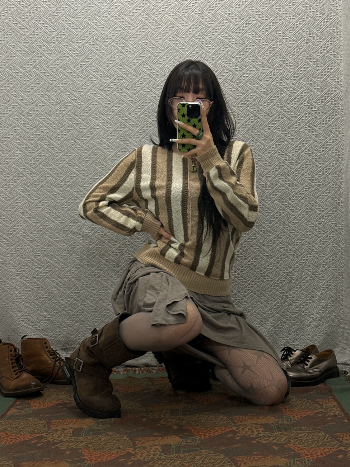 빈티지 코지 모리 스트라이프 패치워크 리본 니트 K0099 상품이미지2