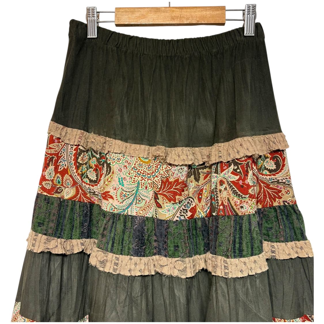 3656 카키 스웨이드 벨벳 플라워 패치워크스커트 상품이미지2