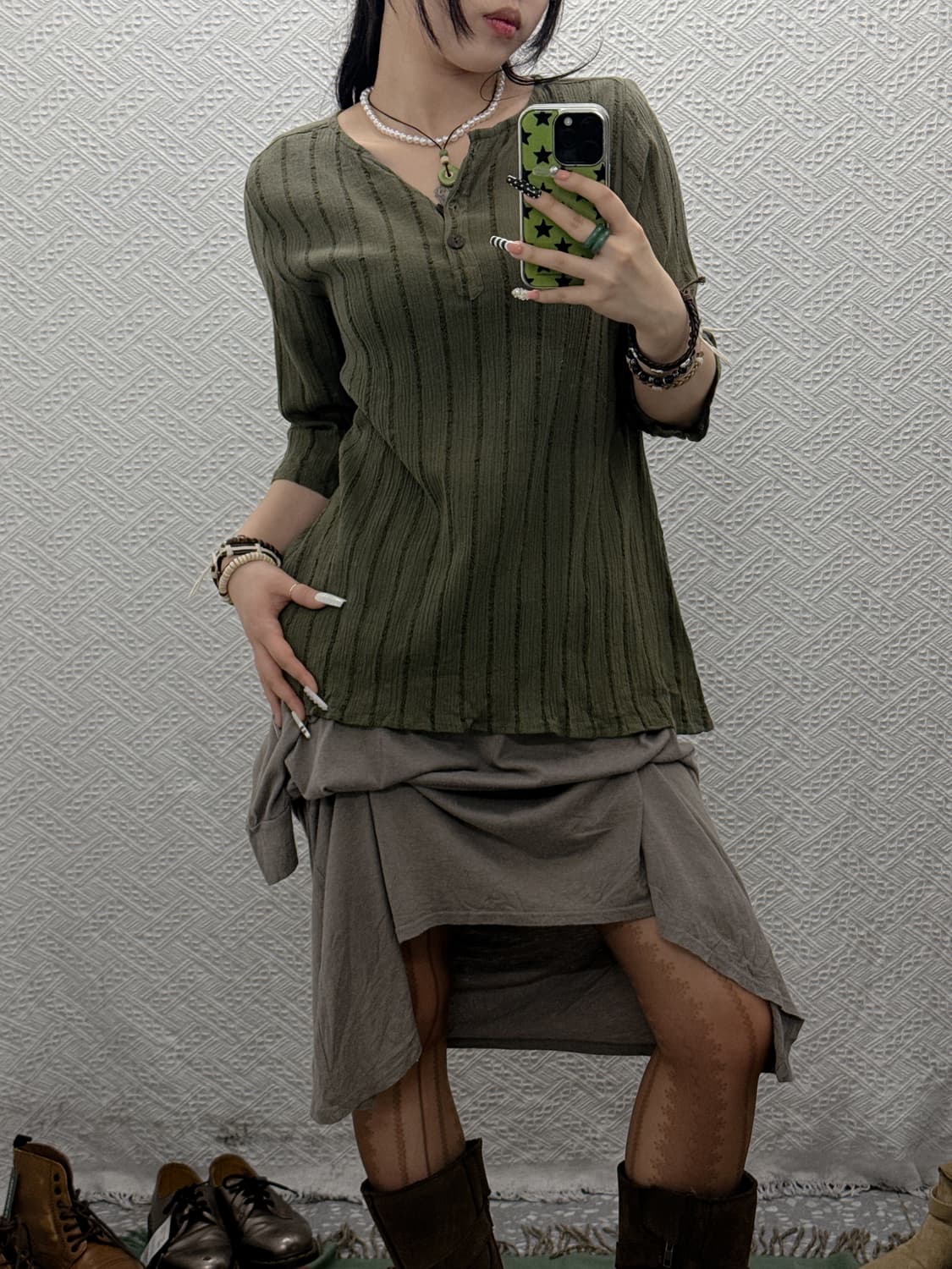 빈티지 여리핏 컨트리 스트라이프 말차카키 미디 슬리브 티 K0030 상품이미지1