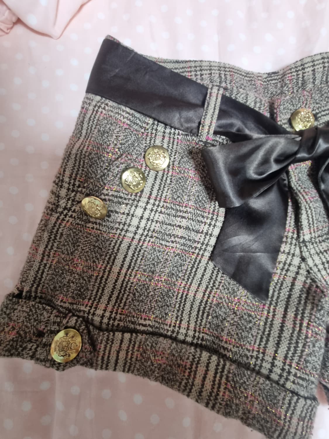 일본빈티지 체크 딸기초코맛 단추 리본 팬츠 라떼갸루 엑시즈팜 리즈리사 상품이미지3