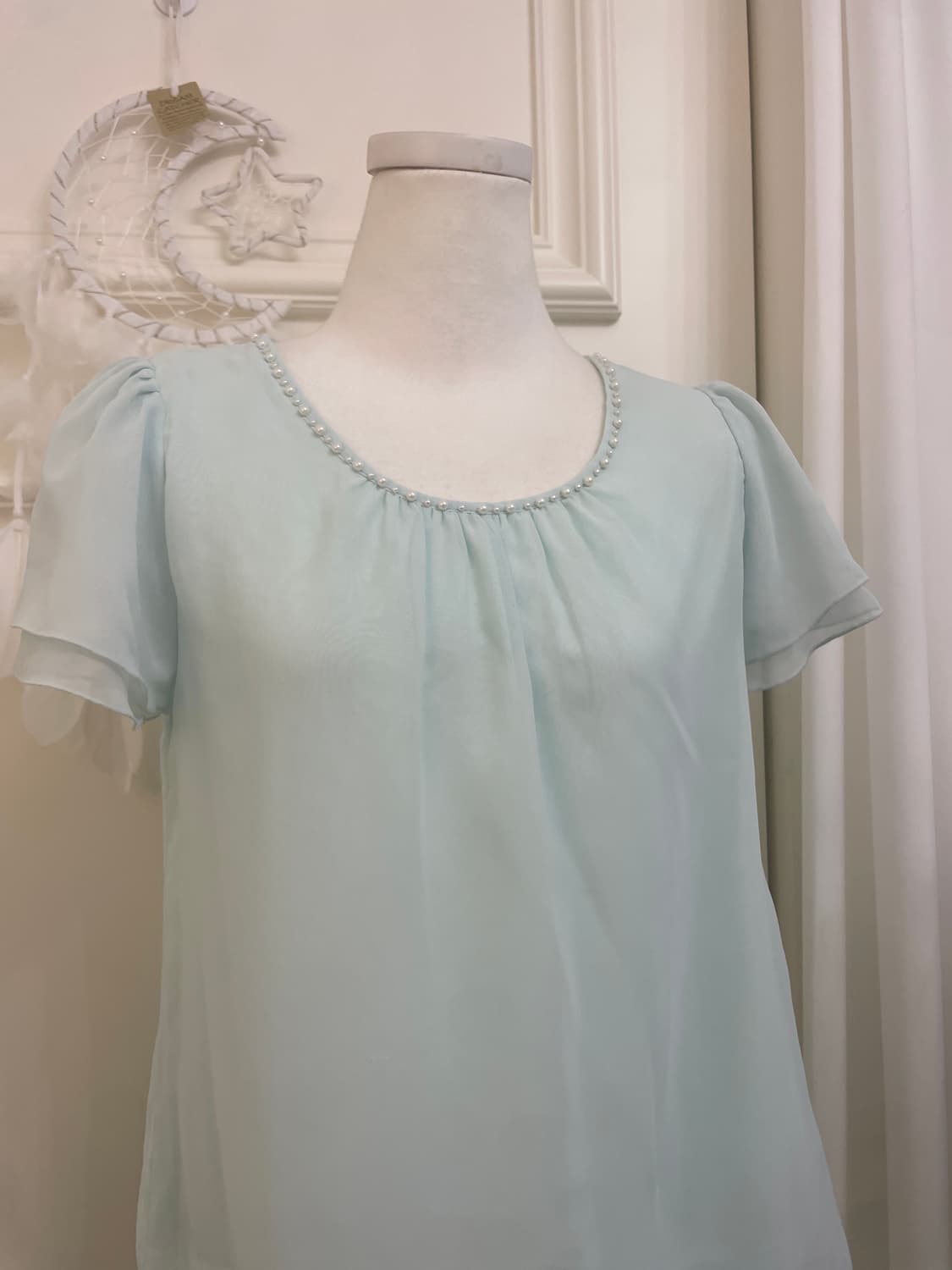 sheer mint puff sleeve lovely blouse 상품이미지5