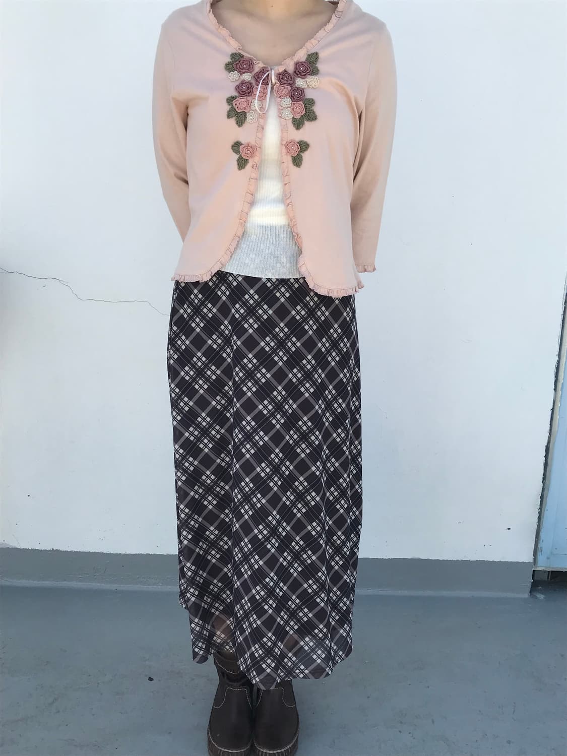 모리걸 브라운 체크 롱스커트 상품이미지2