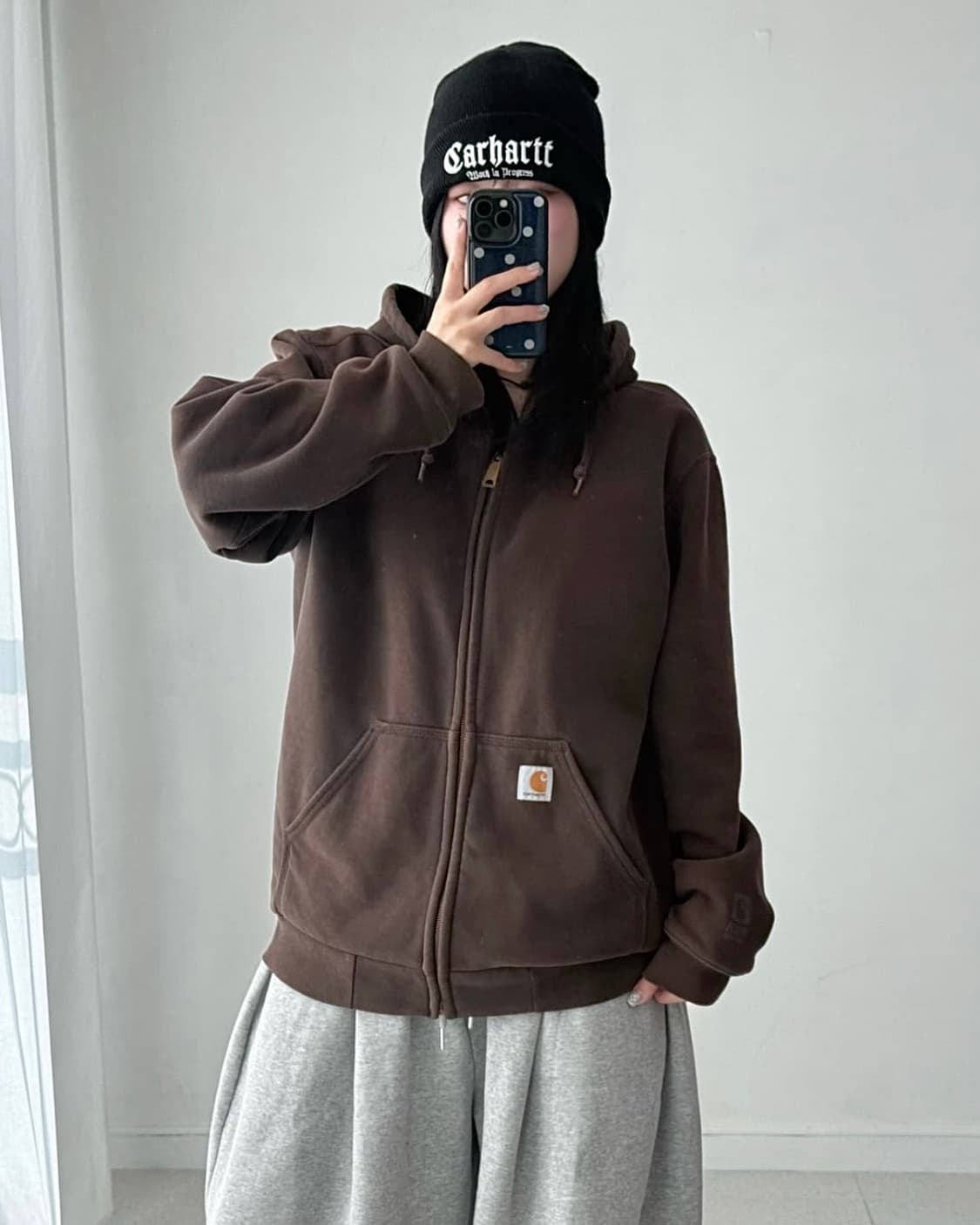 칼하트 기모 안감 브라운 갈색 후드 집업 S 90 오버핏 워크 후디 스웻 상품이미지2