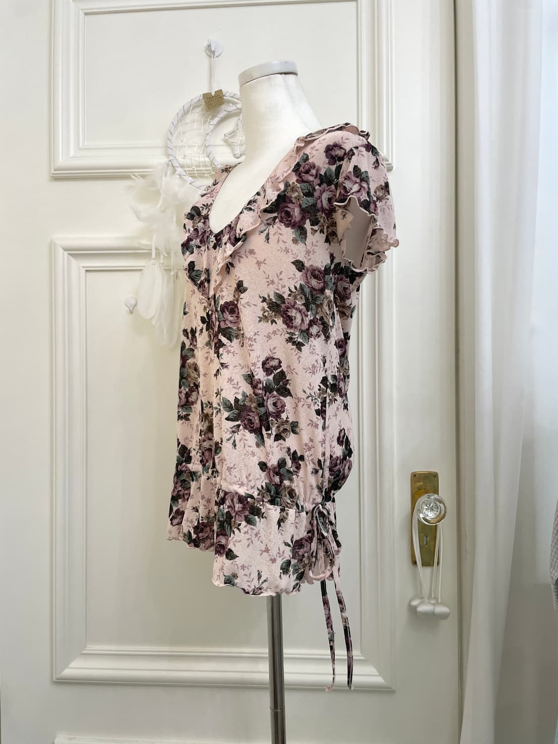purple flower ruffle string top(size-M) 상품이미지2