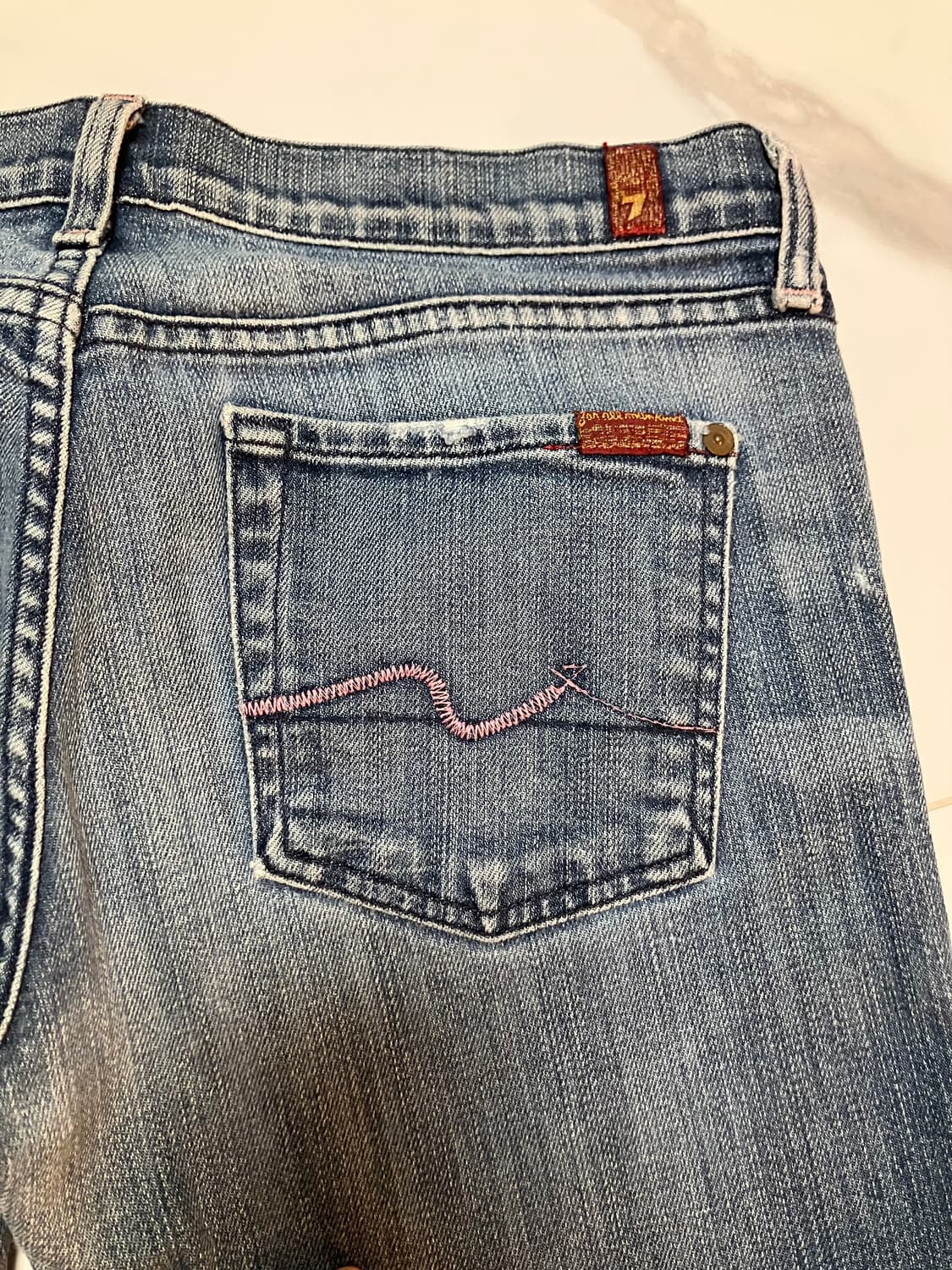 Y2K 세븐진 로우라이즈 부츠컷 데님 핑크 스티치 상품이미지5