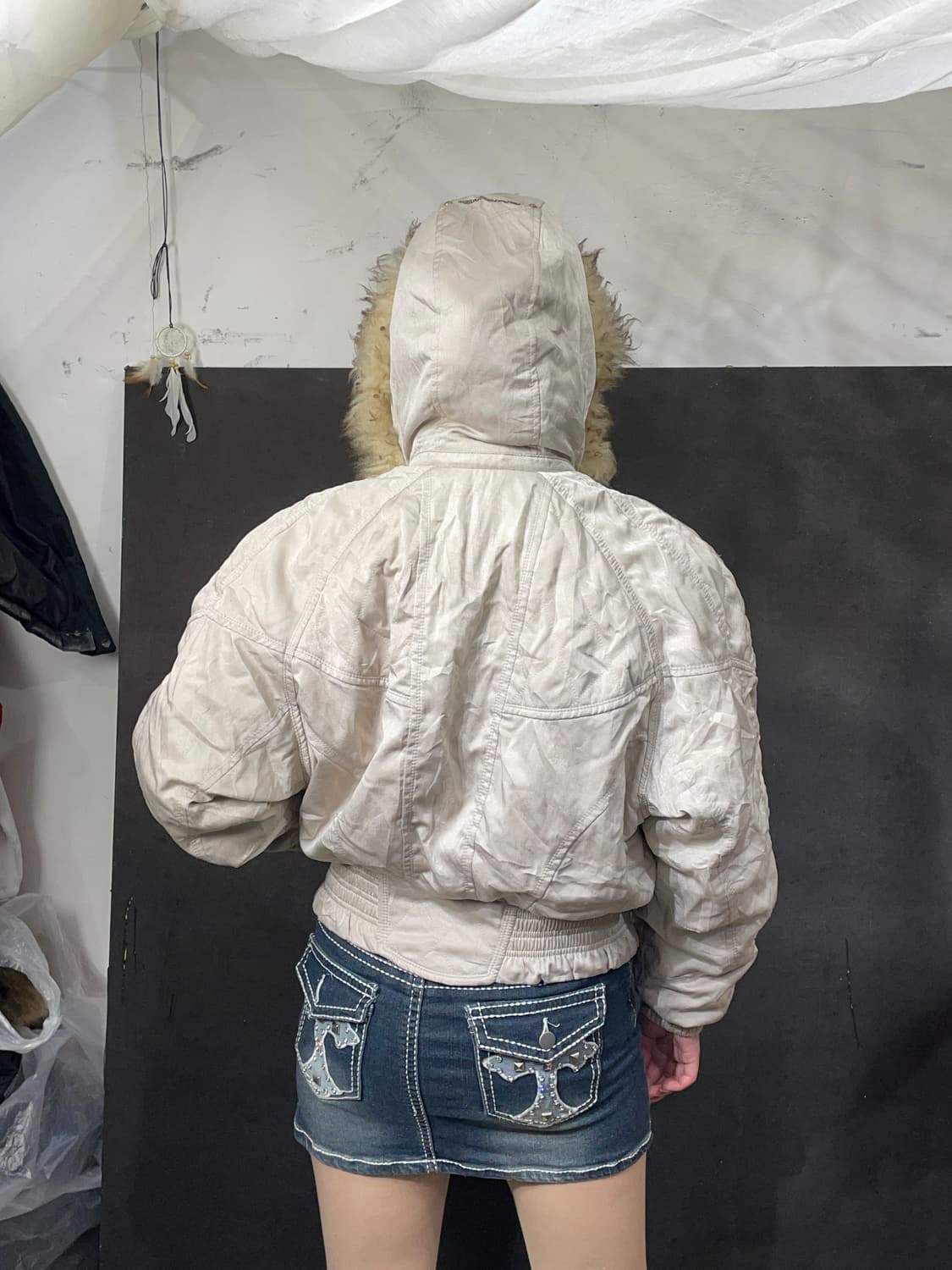 일본빈티지 울프죠 퍼 후드 자켓 크롭 패딩 L 상품이미지4