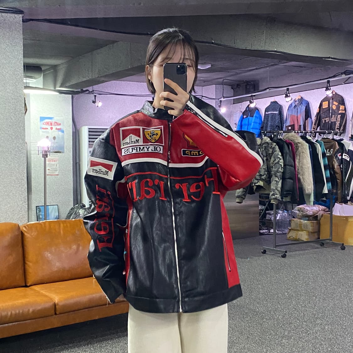 페라리 말보로 패치워크 레드 배색 레더 레이싱 자켓 B3720 상품이미지1