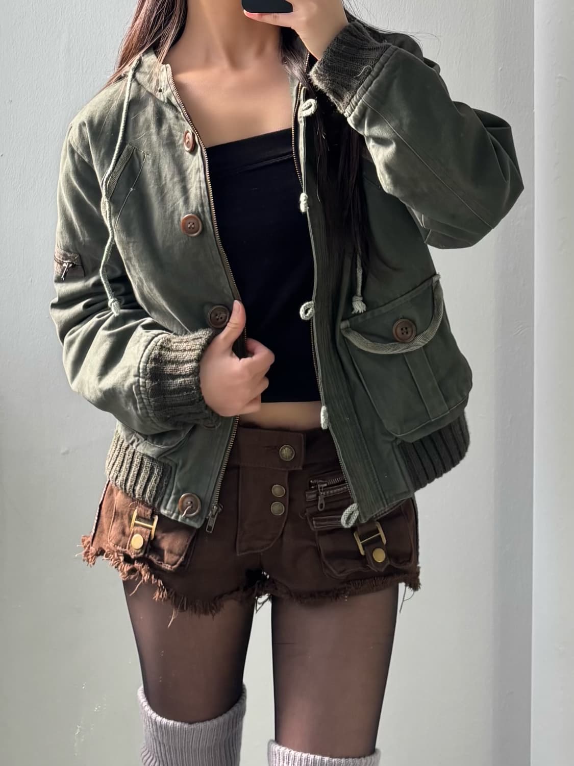 Vintage Khaki Hood Button Zip-Up Jacket 상품이미지3