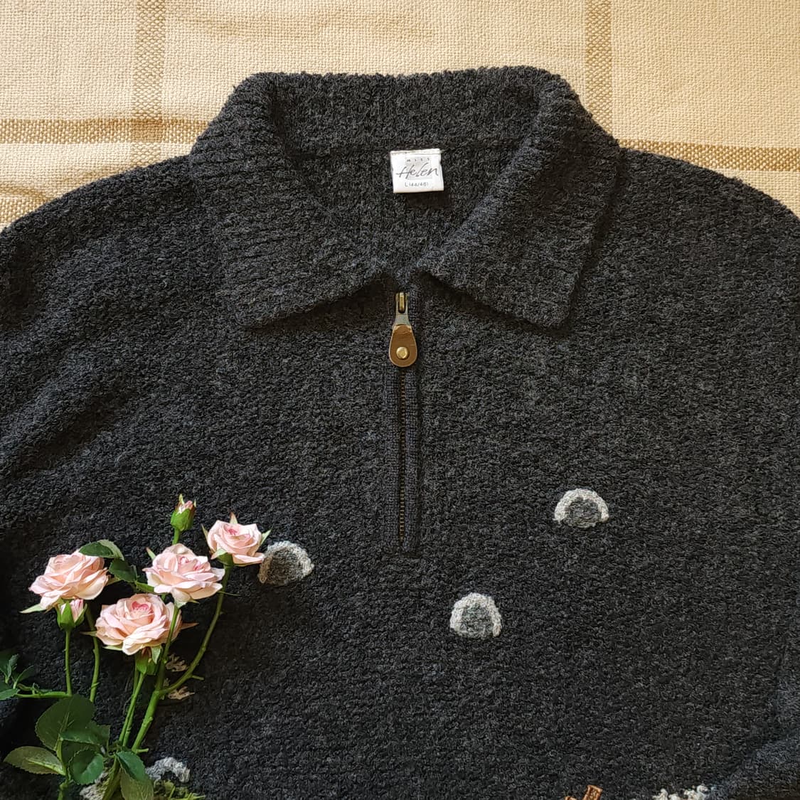 90s 프렌치 핸드메이드 울 니트 컨트리 자수 반집업 니트 L 상품이미지4