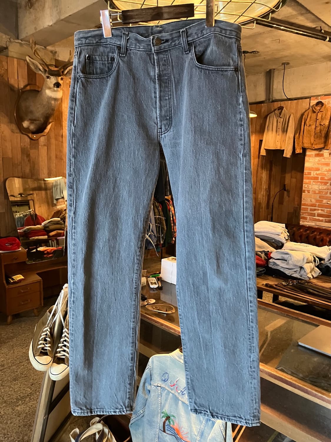 80s USA 빈티지 리바이스 501 블랙진 스트라이프 데님 팬츠 상품이미지2