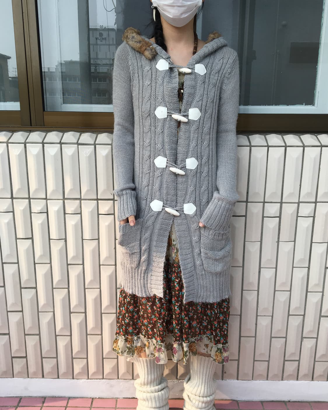 Fur trimming hood duffle button knit car 상품이미지6