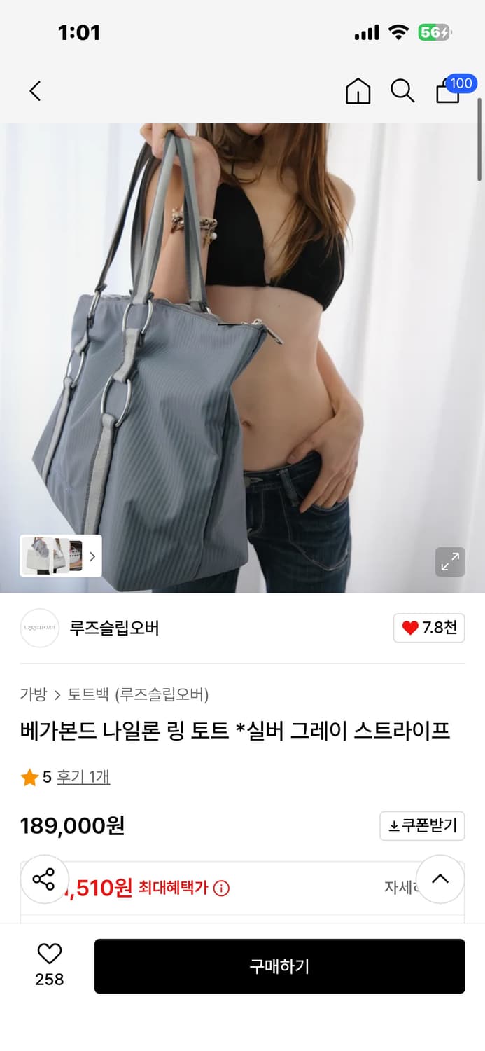 루즈슬립오버 베가본드 나일론 링 토트 *실버 그레이 스트라이프 상품이미지2