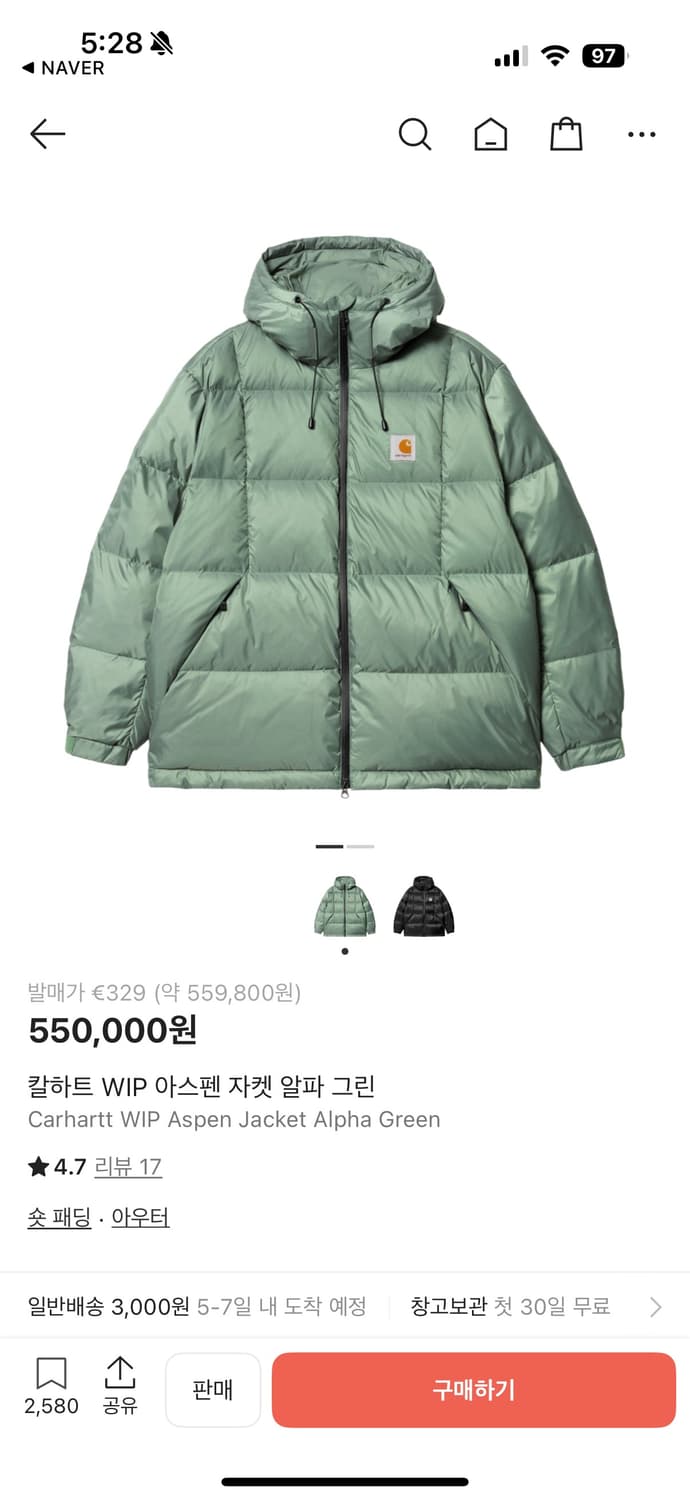 칼하트 패딩 아스펜자켓 알파 그린 상품이미지1