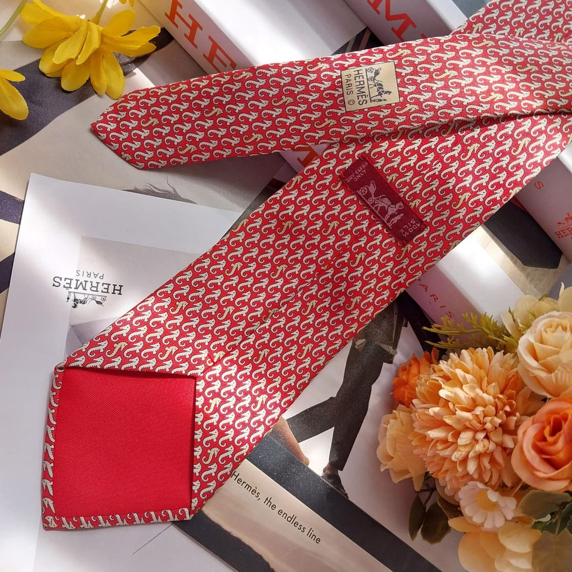 에르메스 실크 레드 해마 패턴 넥타이 9.0cm A+등급 K2548 상품이미지4
