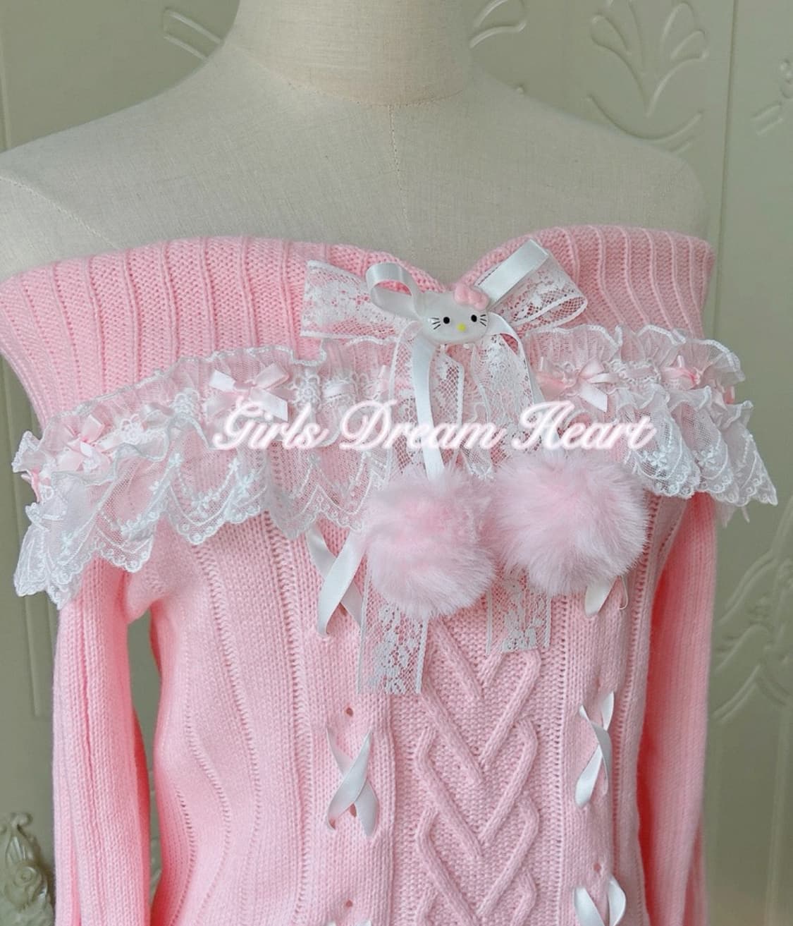 💗 헬로키티 핑크 오프숄더 갸루 캐캐체깔 니트 상품이미지3