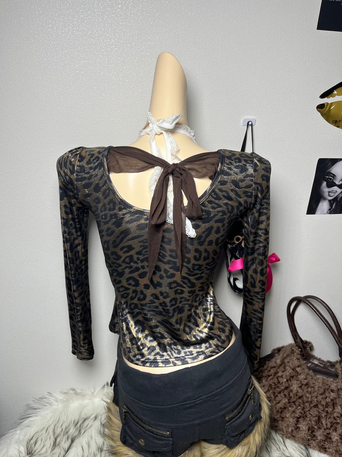 빈티지 오네갸루 메탈릭 호피 오프숄더 긴팔 티셔츠 상품이미지3