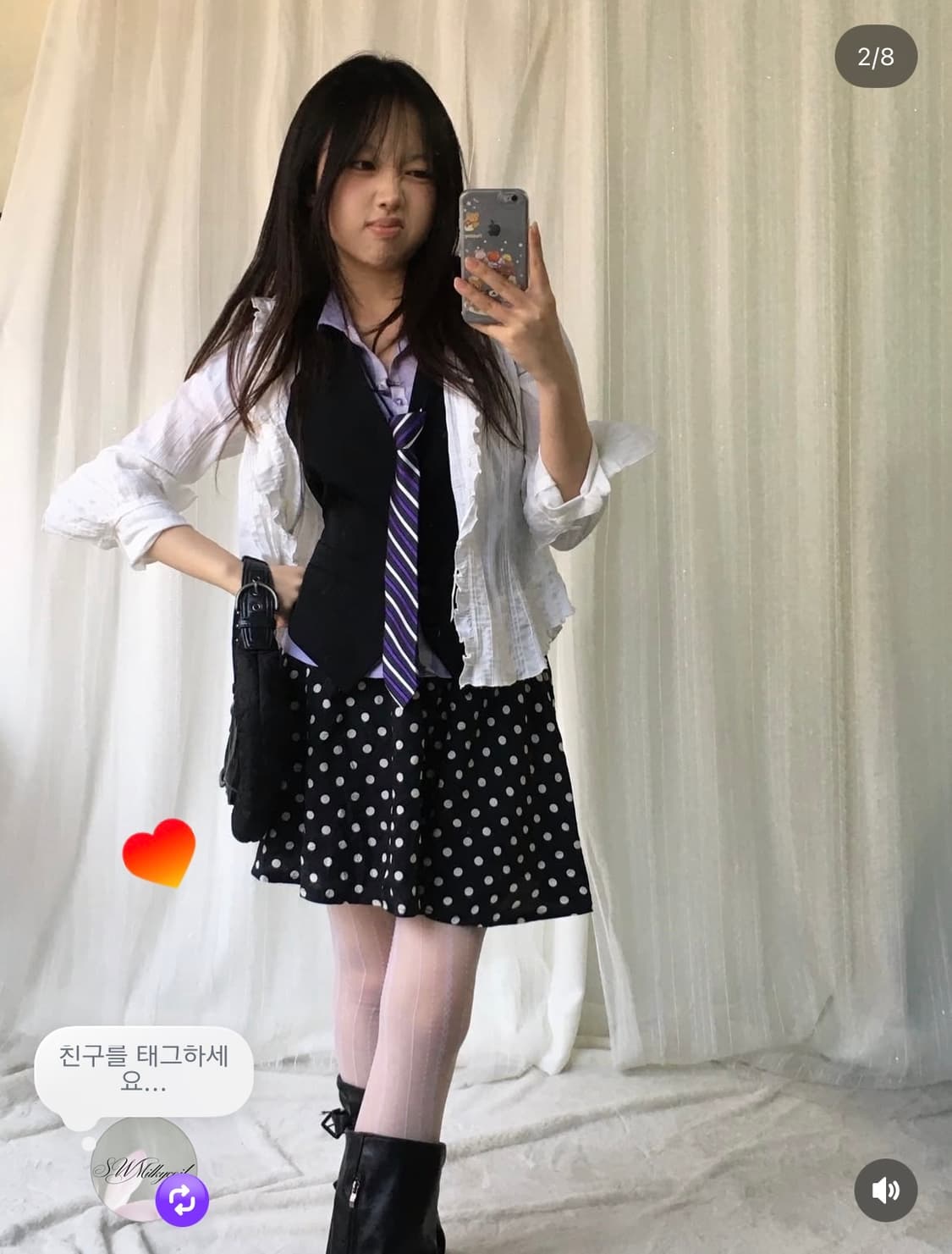 빈티지 퍼플 도트 프레피 코디세트 상품이미지2