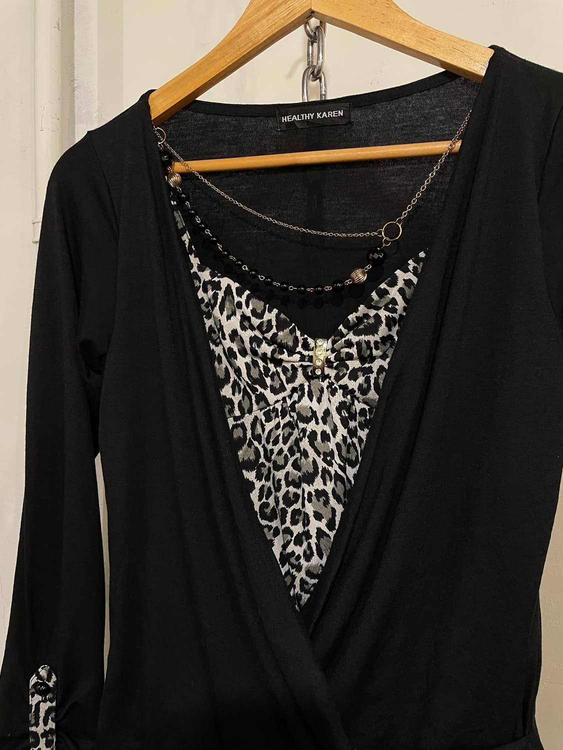 레오파드 패턴 체인 레이어드 블랙 원피스 갸루 상품이미지5