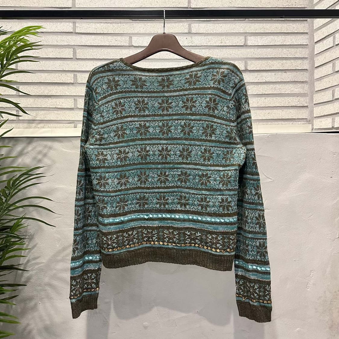 USA VINTAGE 니트 집업 가디건 노르딕 패턴 비즈 디테일 민트 상품이미지3