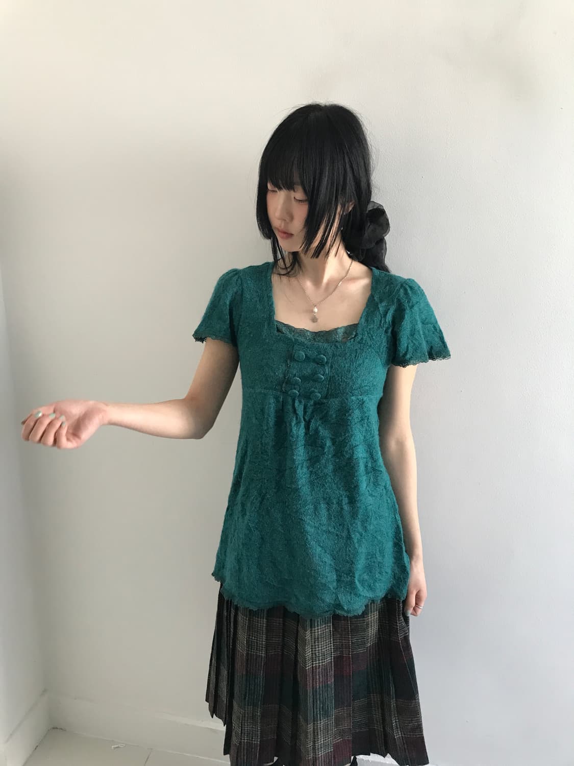(Vintage)Square neck lace knit blouse 상품이미지1