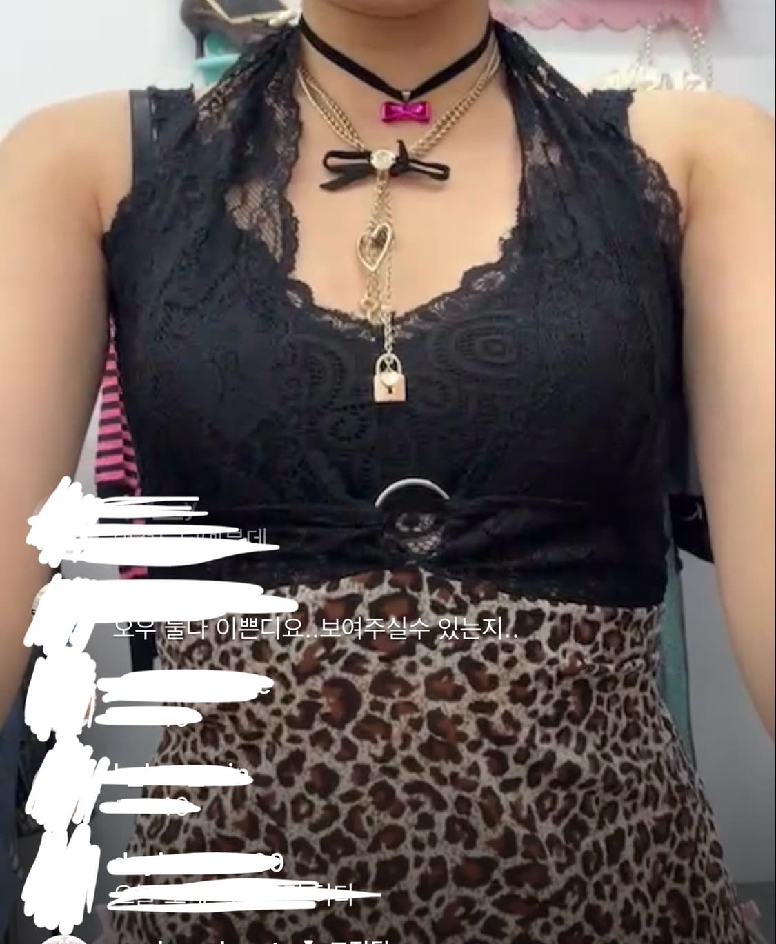 오네갸루 레오파드 홀터넥 오링 나시 슬립 호피 블랙 시스루 상품이미지1
