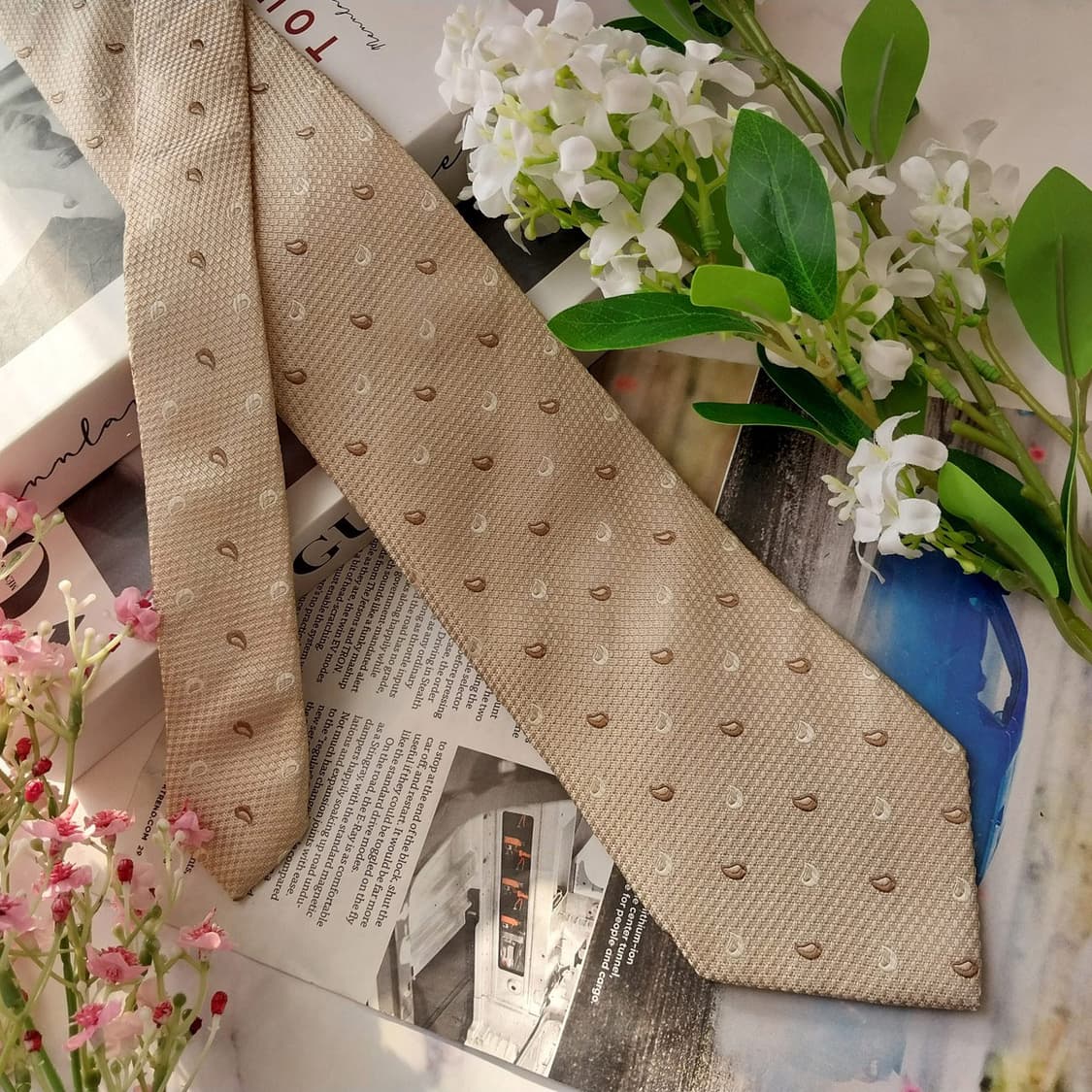 아쿠아스큐텀 실크 베이지 워터드롭 넥타이 8.5cm A등급 K1568 상품이미지2