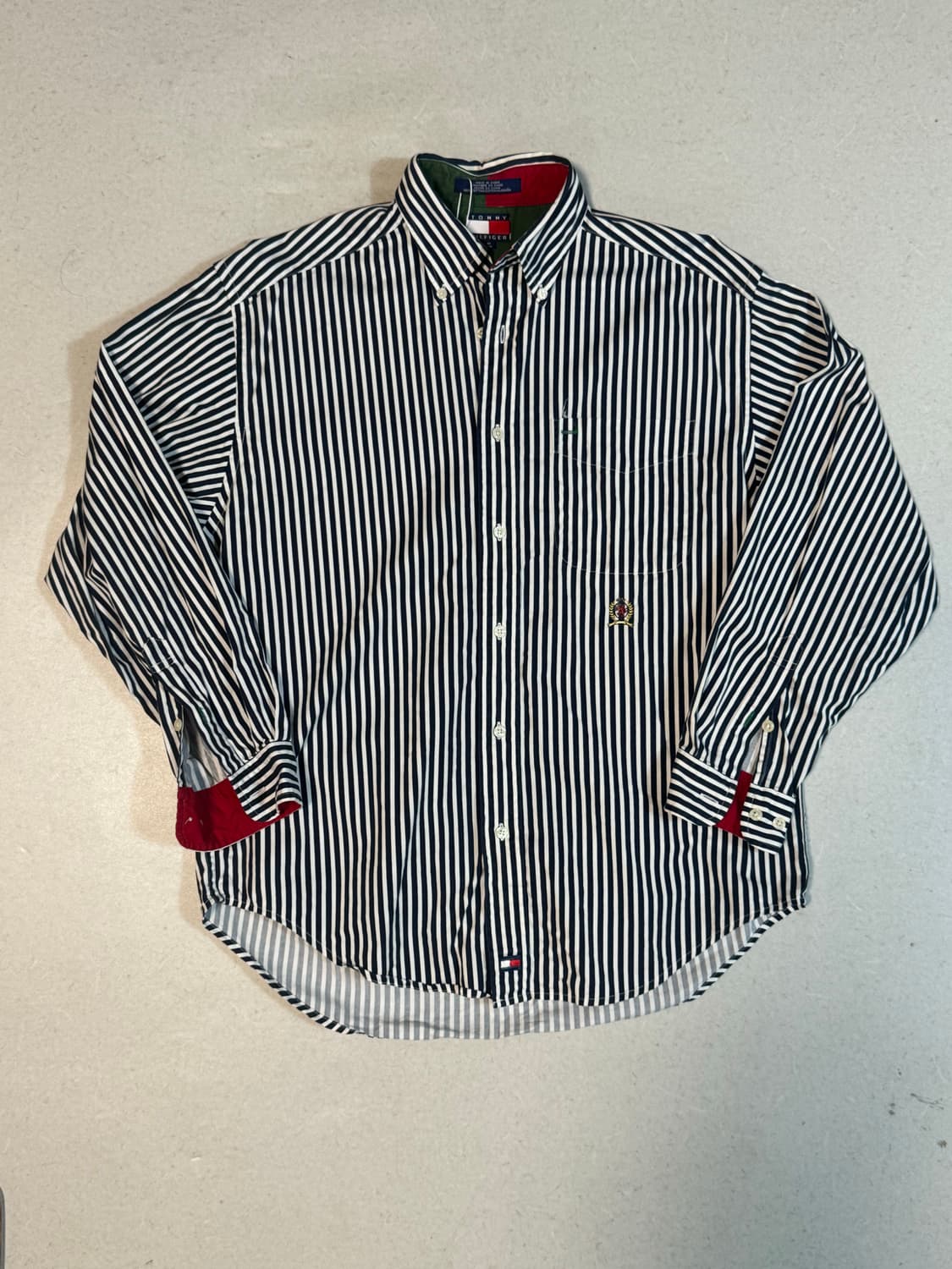 타미힐피거 빈티지 포인트 컬러 스트라이프 자수 로고 셔츠 네이비 m 상품이미지1