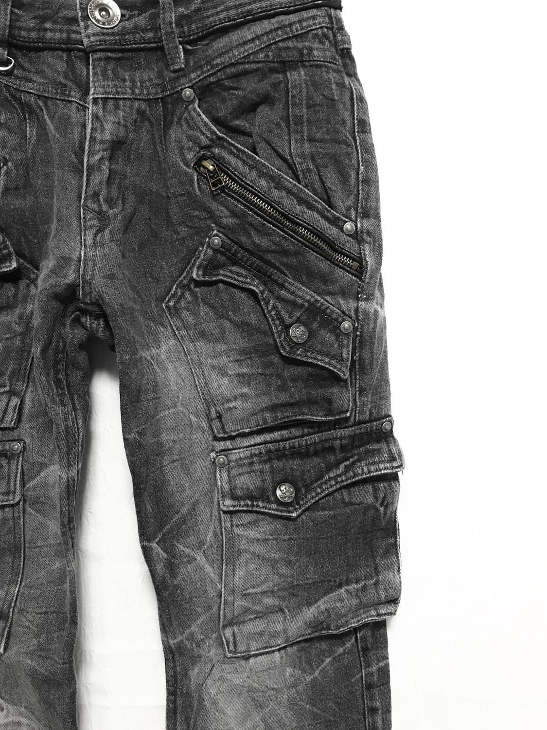 빈티지 vkei 펑크 지퍼 포켓 카고 흑청 데님 팬츠 상품이미지3