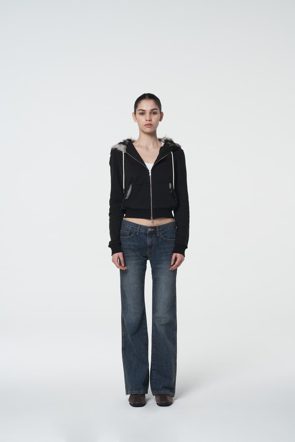Wolf fur hooded zip-up Black 상품이미지1