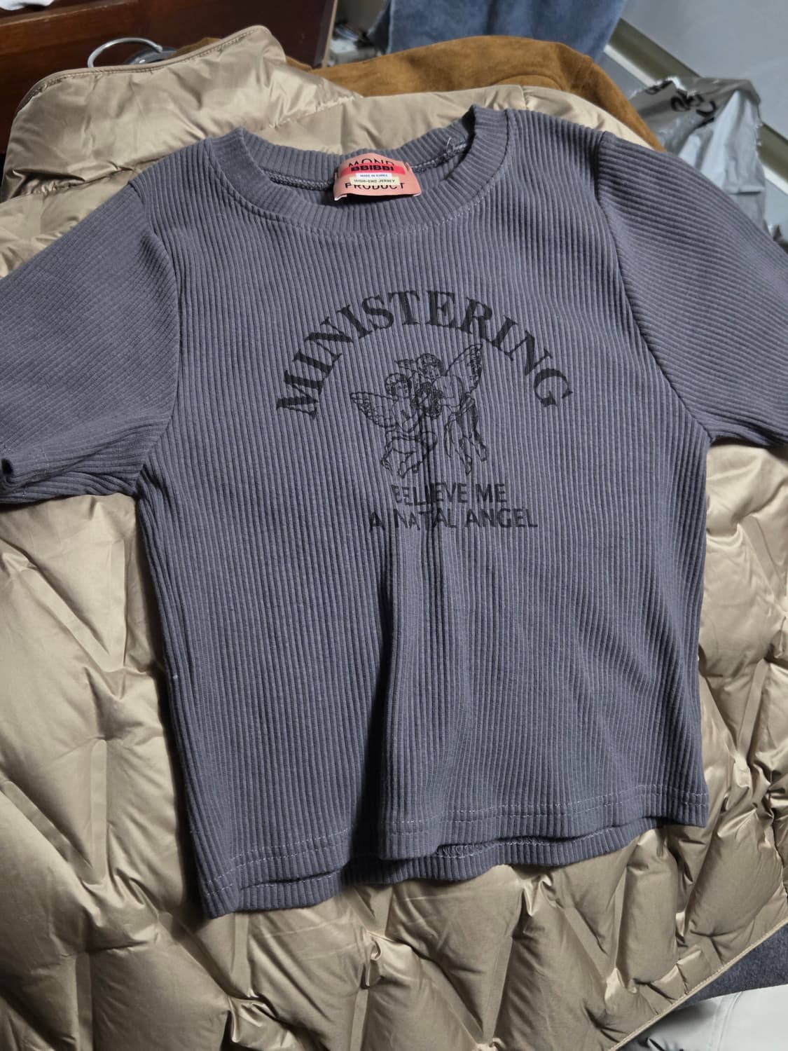 5천원급처! 천사 프린팅 빈티지 크롭 반팔티 차콜 그레이 상품이미지1