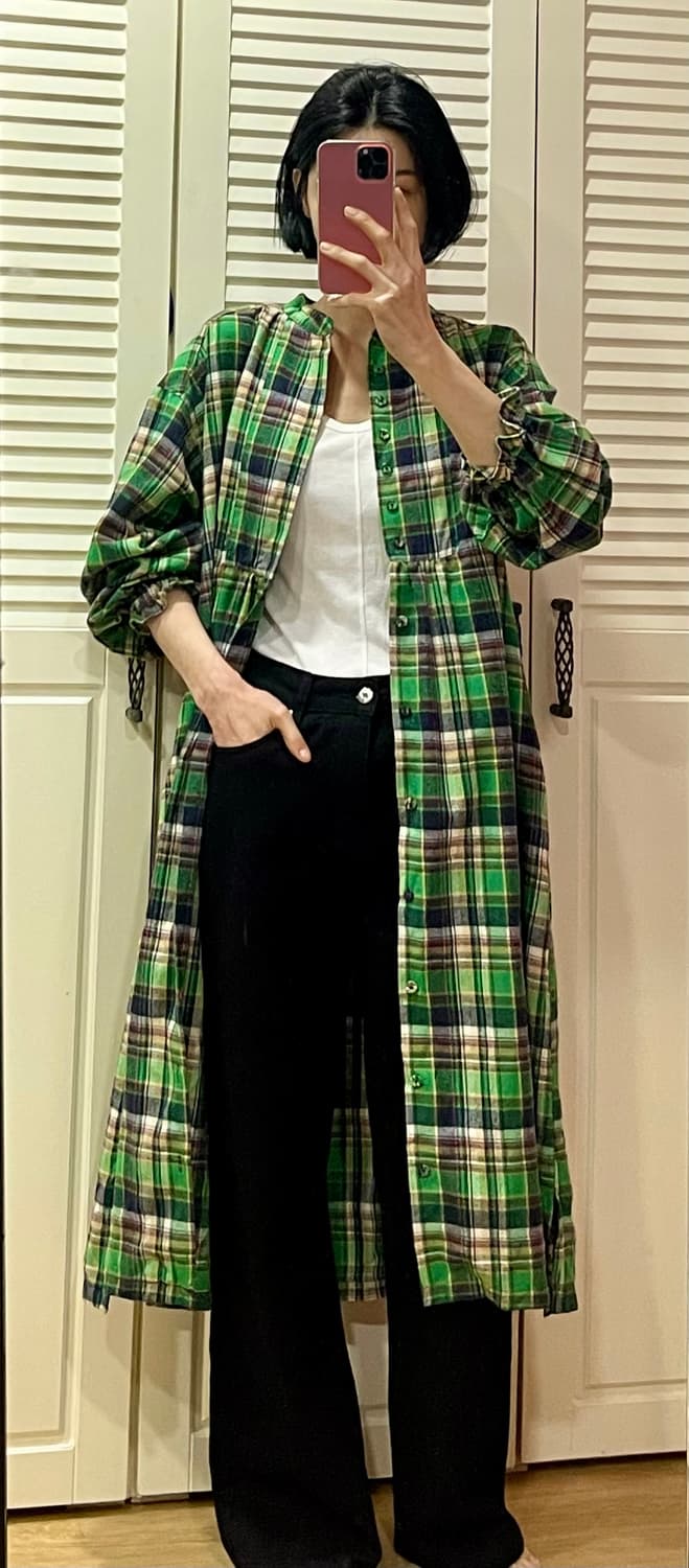 rivet & surge 사이드 슬릿 요크 체크 롱 원피스 (그린) 상품이미지9