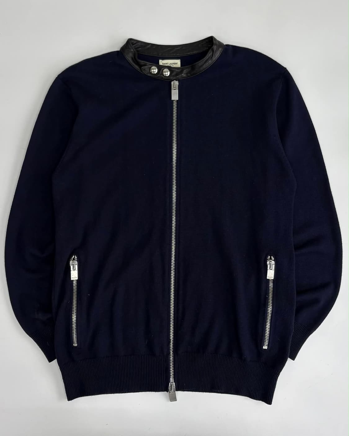 [XL] 생로랑 레더넥 울 니트 집업 자켓 상품이미지1